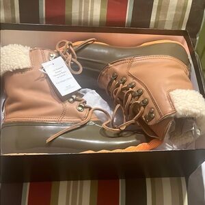 Sperry Tan and Green Rain & Snow Boots with Lace-Up Design